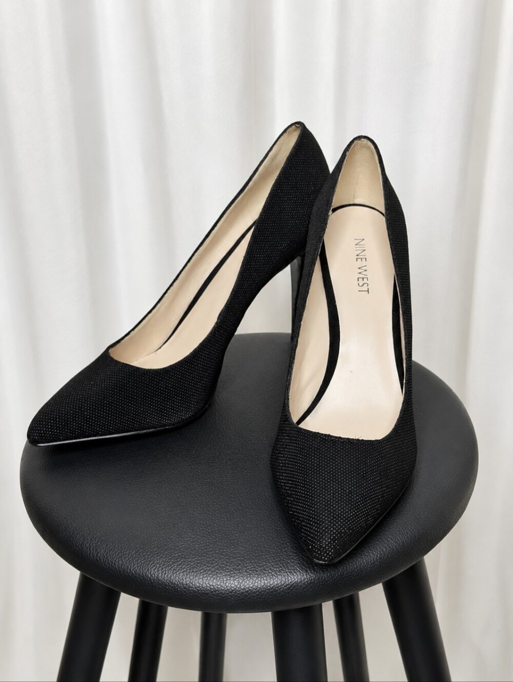 Nine West Seespoto Black Textured Leather Mini Dot Pointed Toe Stiletto Pumps